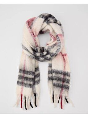 Ann Taylor Weekend Collection Plaid Fringe Scarf Ultra-Soft Knit Winter Cozy